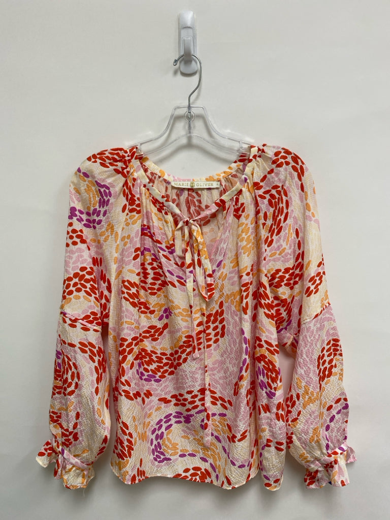 Marie Oliver Size S Red/Pink Coral/White Swirl Puff Sleeve Silk Ladies Top