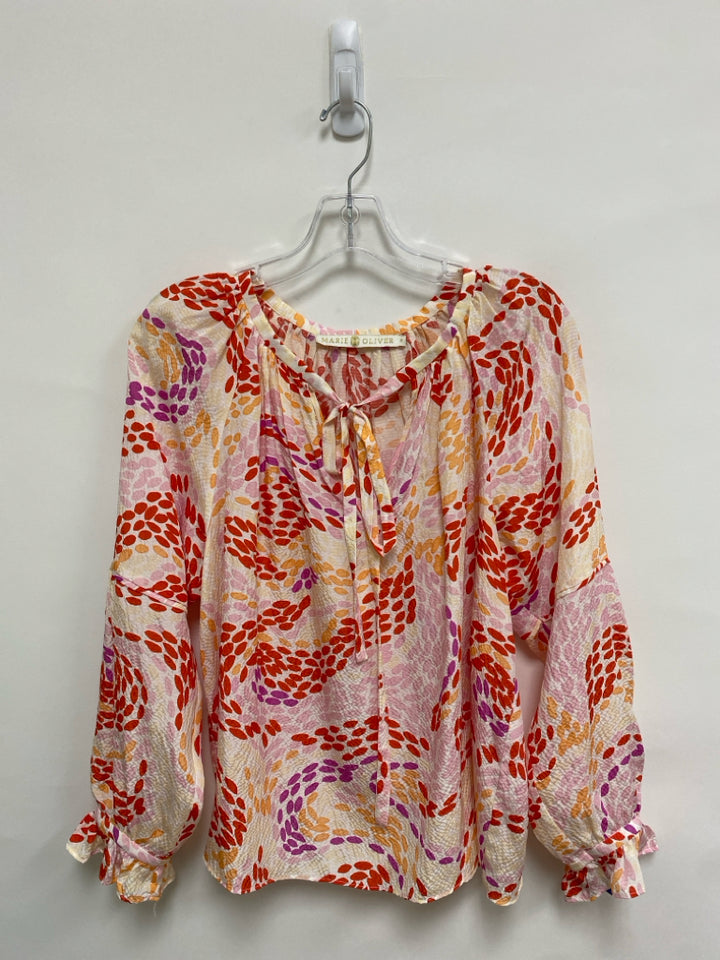 Marie Oliver Size S Red/Pink Coral/White Swirl Puff Sleeve Silk Ladies Top