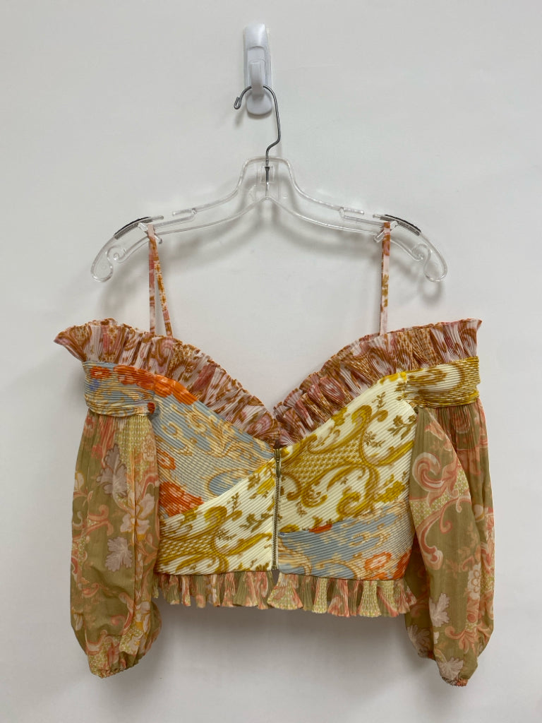 NWT ZIMMERMANN Size 6 Cream/Brown Pink/Multi Crinkle Cropped Ladies Top