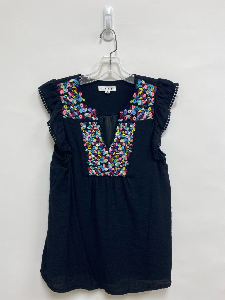 THML Size M Black Multi Color Embroidered Sleeveless Ladies Top