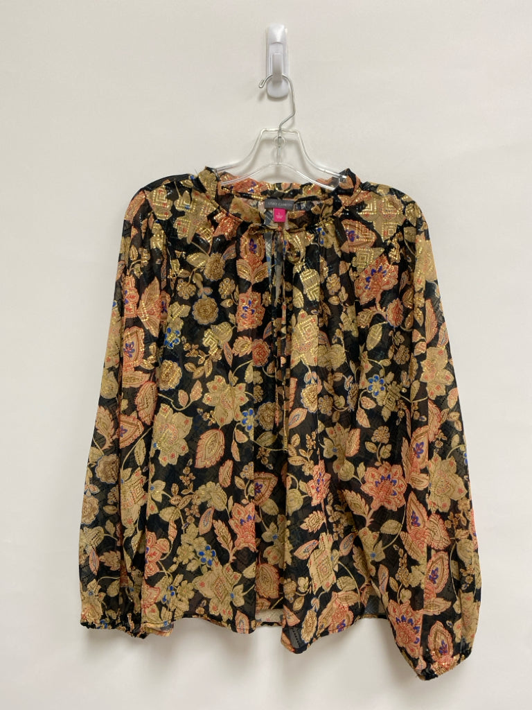 NWT VINCE CAMUTO Size L Tan/Black Gold/Multi Floral Sheer Ladies Top