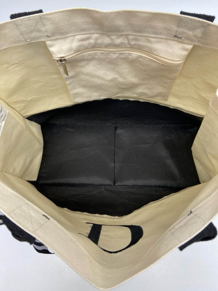 Beige Black Monogram Tote Bag