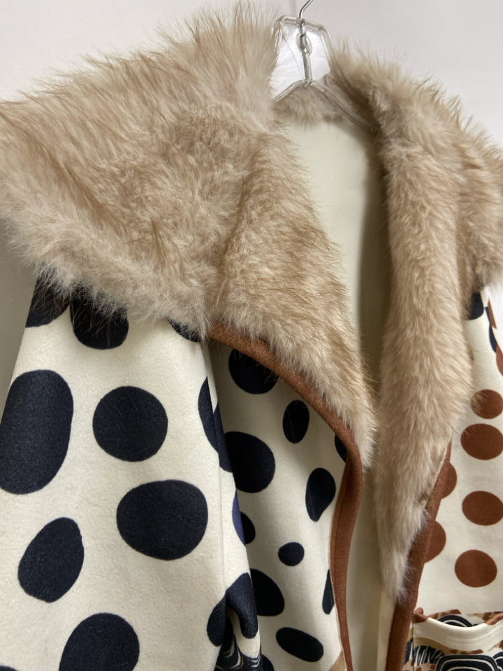 Size XL Cream/Black Brown Polka Dot Faux Fur Collar Ladies Jacket