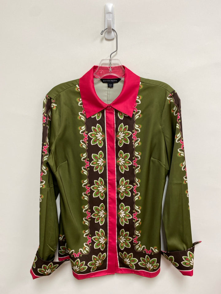 Boston Proper Size 6 Green Pink/Multi Trimmed Satin Ladies Top