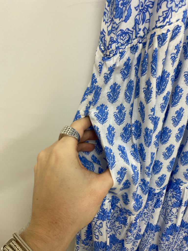 Size XL White Blue Assorted Print Sleeveless Cotton Ladies Dress