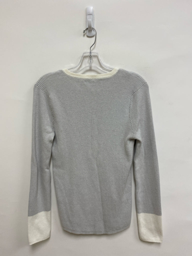 FAHERTY Size L Pale Gray Cream Trimmed Henley Ladies Sweater