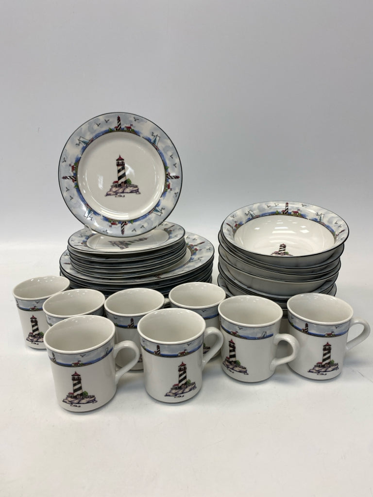 White Blue Lighthouse Dishes