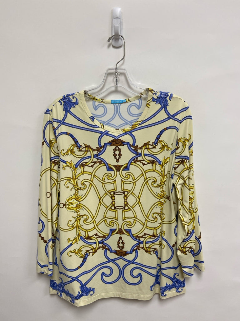J McLaughlin Size XL Cream/Blue Brown/Gold Print 3/4 Sleeve Ladies Top