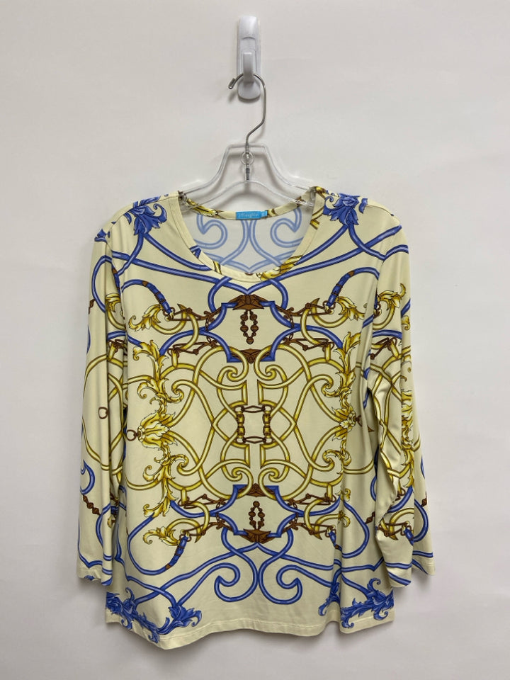 J McLaughlin Size XL Cream/Blue Brown/Gold Print 3/4 Sleeve Ladies Top