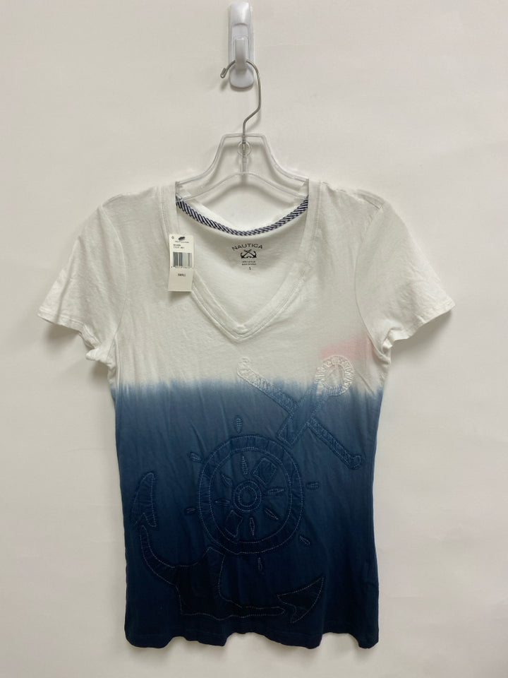 NWT Nautica Size S White/Navy Gradient V Neck Ladies Top