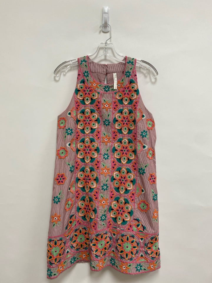 Anthropologie Size 6 Pink/Green Orange Flowers Sleeveless Beaded Ladies Dress