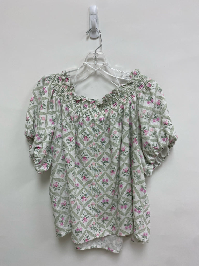 CeCe Size L White Green/Pink Flowers Ladies Top