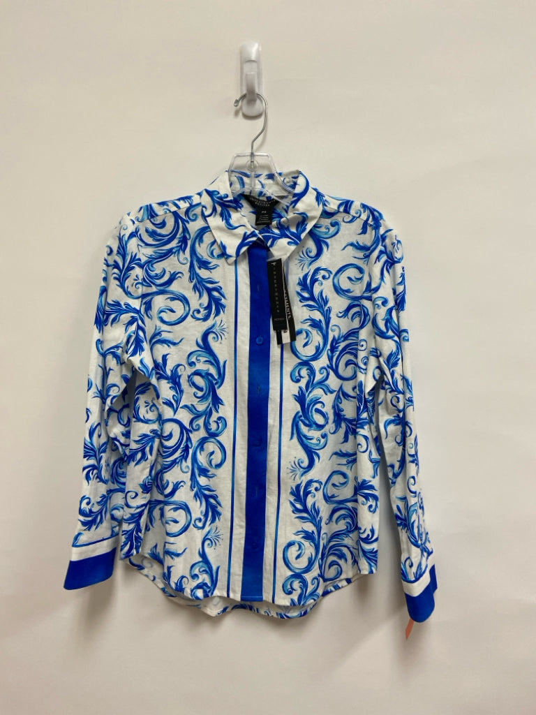 NWT investments Size SP White Royal Blue Swirl Button Up Petite Top