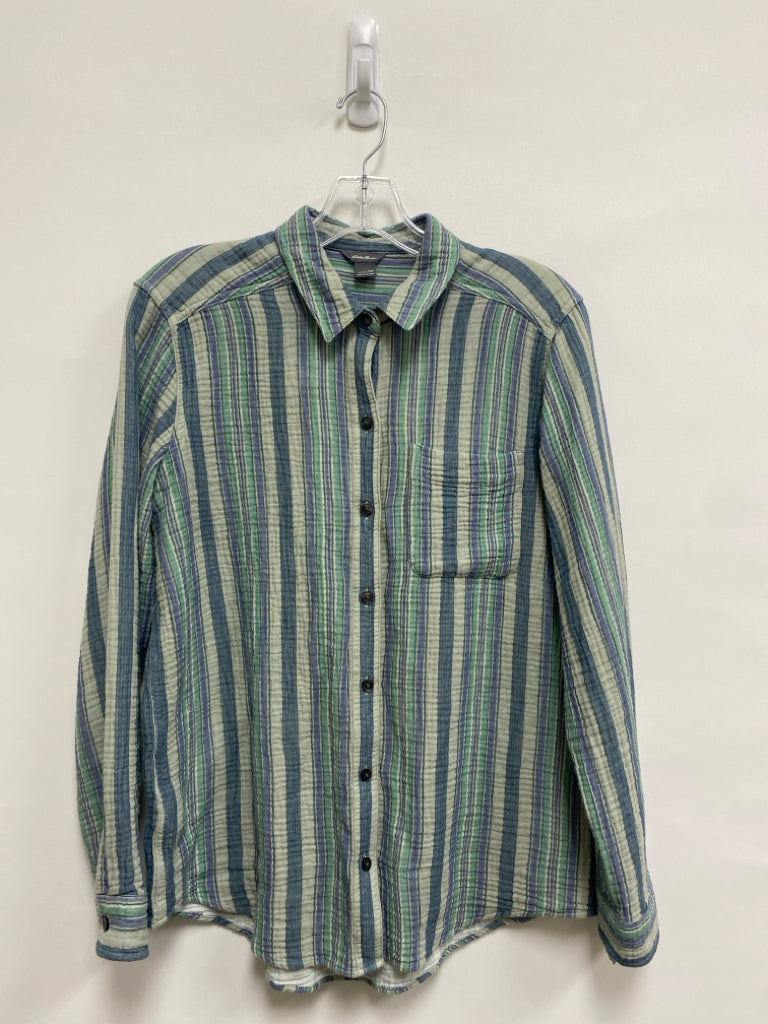 Eddie Bauer Size M Cream Blue/Green Striped Gauze Ladies Top