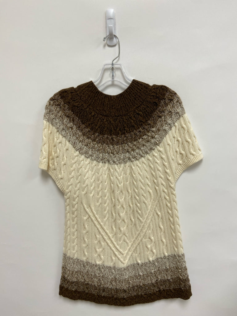 Tyler Boe Size L Cream/Brown Cable Knit Short Sleeve Ladies Sweater