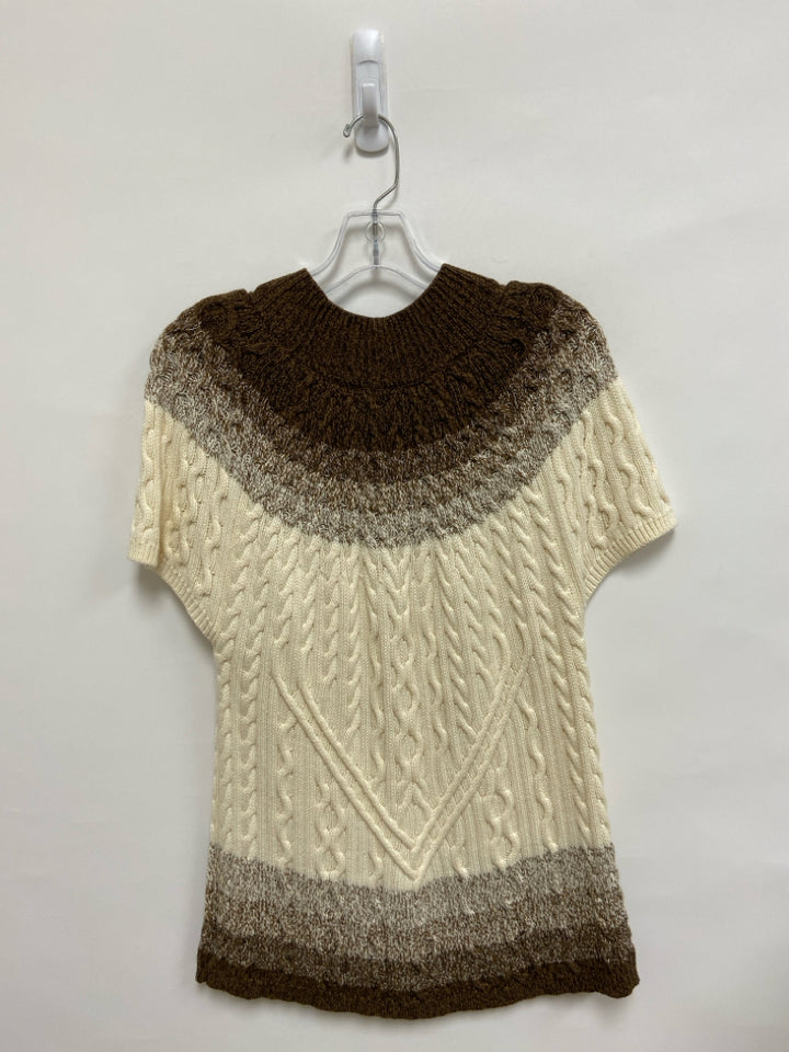Tyler Boe Size L Cream/Brown Cable Knit Short Sleeve Ladies Sweater