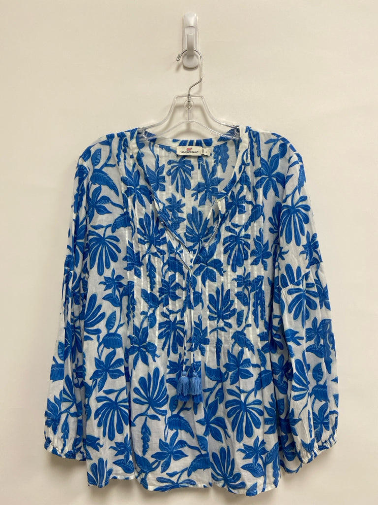 Vineyard Vines Size L White Blue Leaves Ladies Top