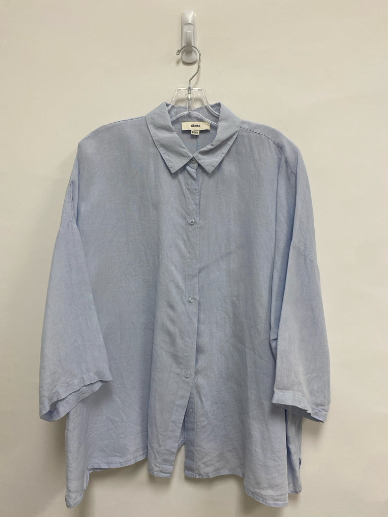 SIZE  XXL Pale Blue Button Up Linen Plus Size Top