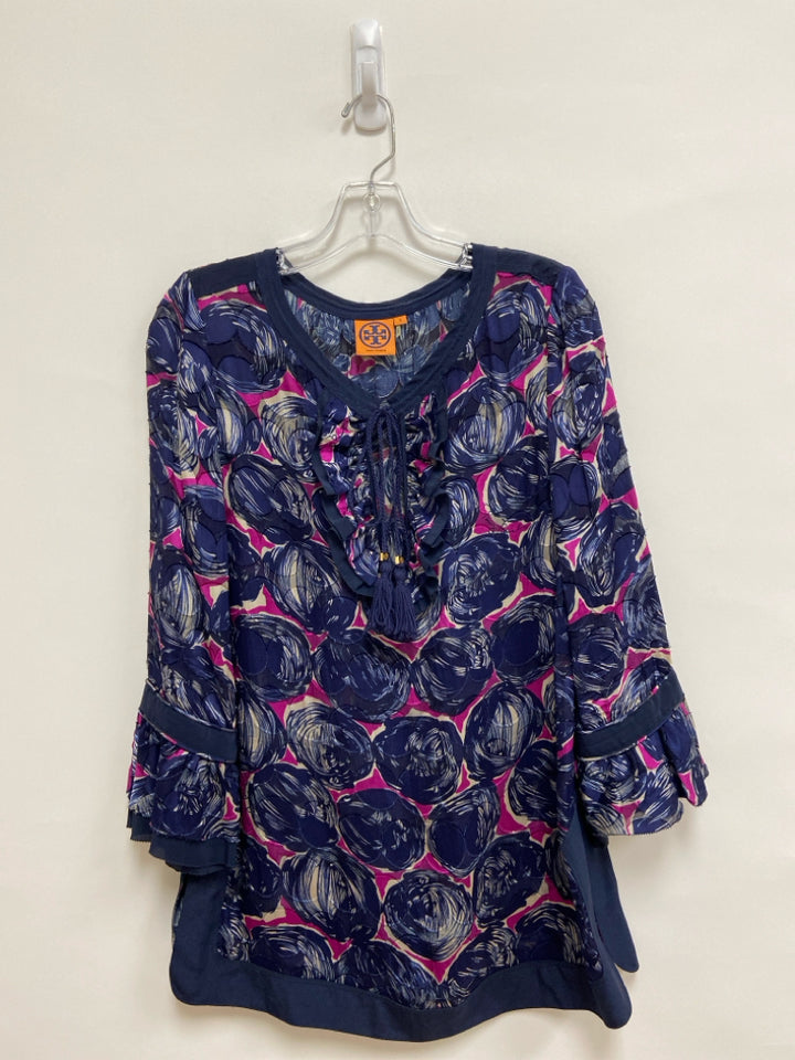 Tory Burch Size 8 Magenta Navy/Beige Circles Ladies Top