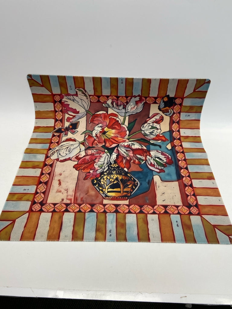Mahjong Non Slip Red Multi Color Flowers Mat
