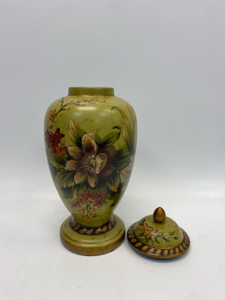 Raymond Waites Lime Green Red/Peach Flowers Ceramic Jar