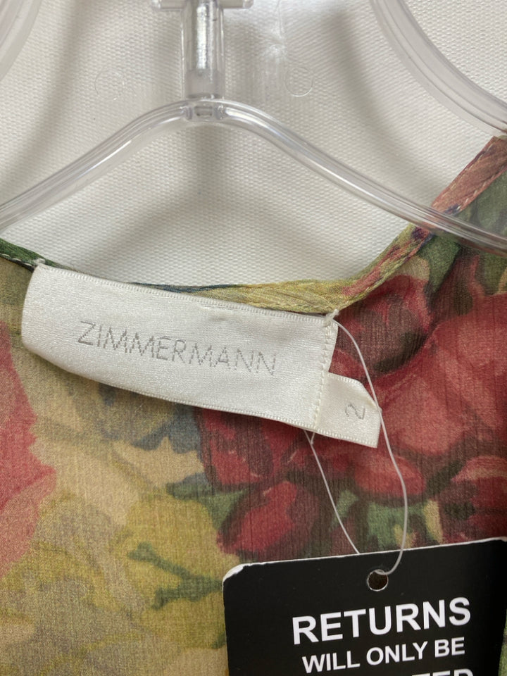 ZIMMERMANN Size 2 Beige Green/Multi Floral Cropped Silk Ladies Top