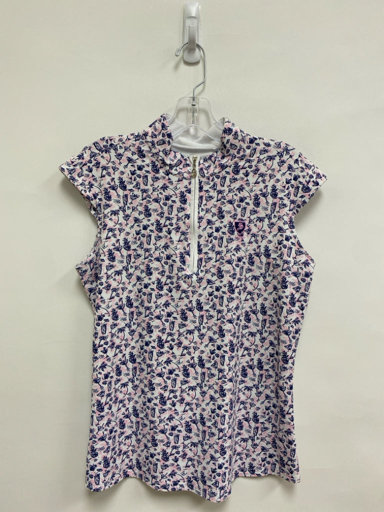 SanSoleil Size M White Navy/Pink Tropical Mock Neck Athletic Top