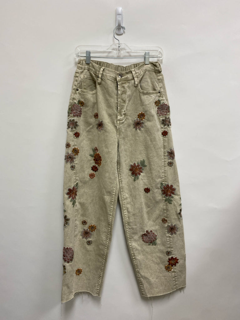 Oli &amp; Hali Size S Tan Purple/Green Flowers Embroidered Ladies Jeans