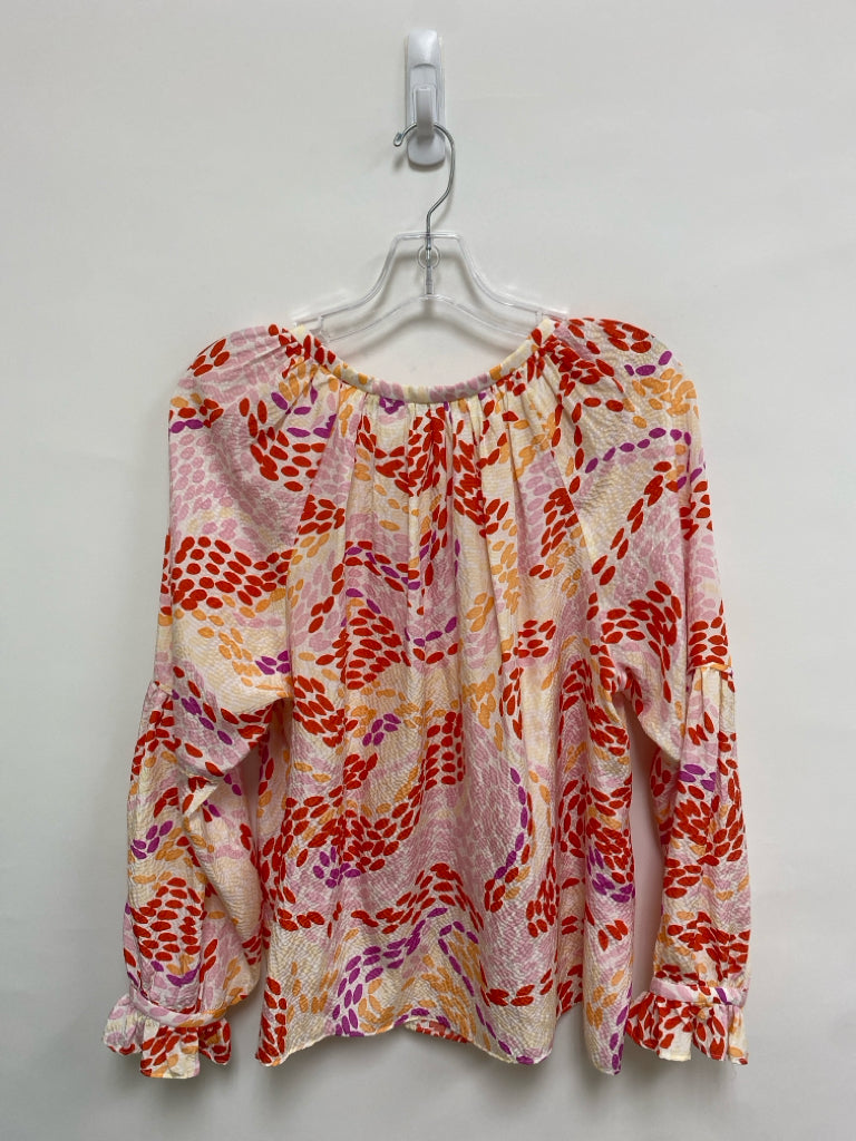Marie Oliver Size S Red/Pink Coral/White Swirl Puff Sleeve Silk Ladies Top