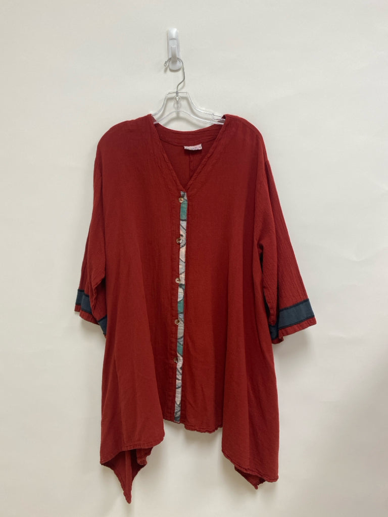 SIZE  2X Brick Gray Trimmed Button Up Gauze Plus Size Top