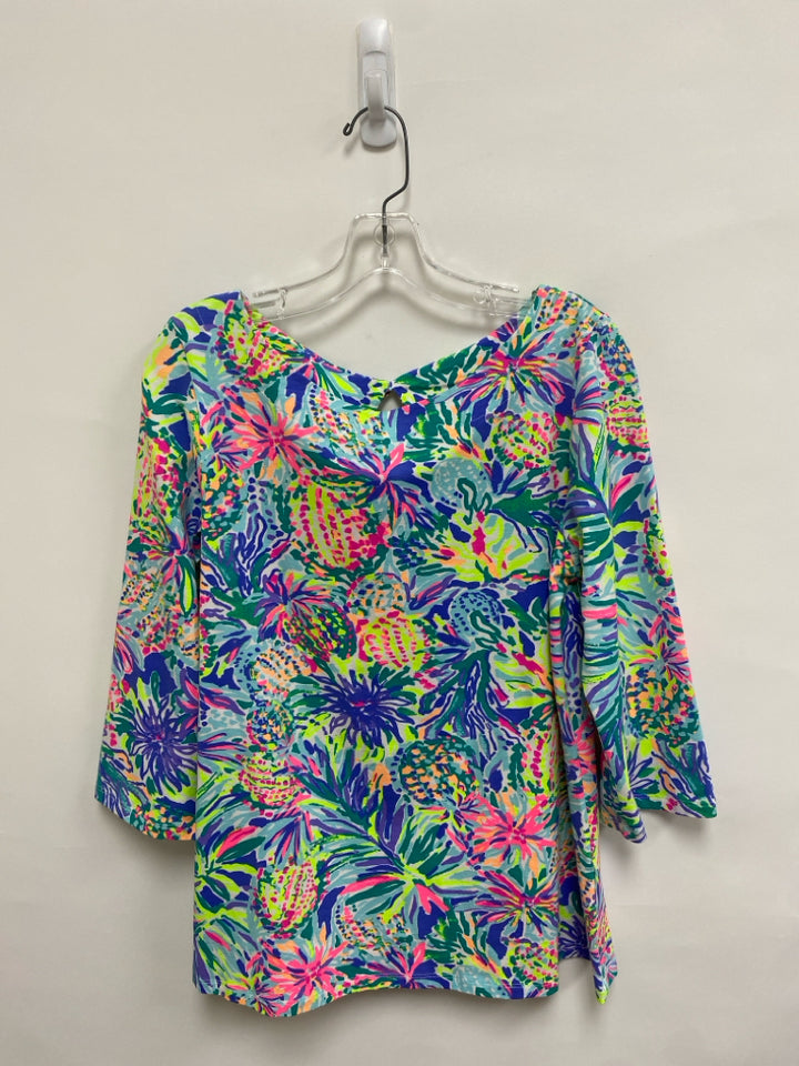 LILLY PULITZER Size L White/Peach Purple/Multi Pineapples 3/4 Sleeve Ladies Top