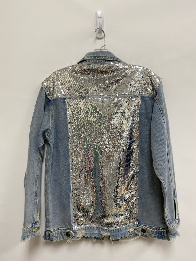 NWT Size S Light Denim Silver Sequins Button Up Ladies Jacket