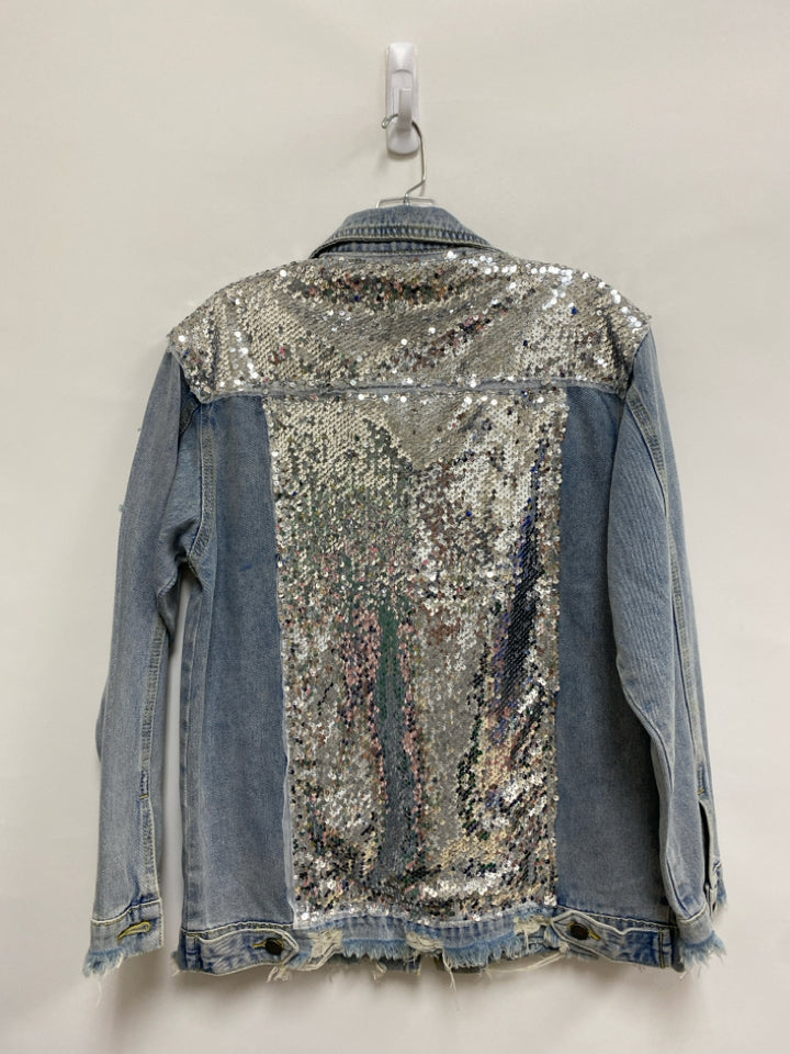 NWT Size S Light Denim Silver Sequins Button Up Ladies Jacket