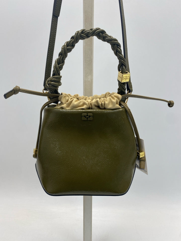 NWT Ganni Military Olive Bou Bucket Patent Bag