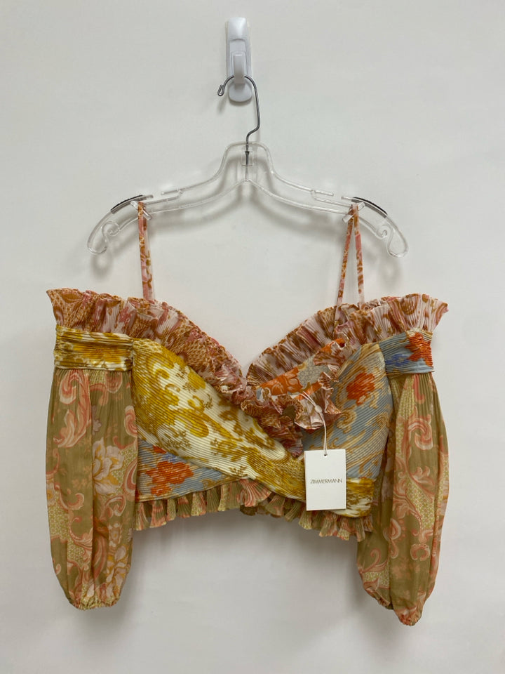 NWT ZIMMERMANN Size 6 Cream/Brown Pink/Multi Crinkle Cropped Ladies Top