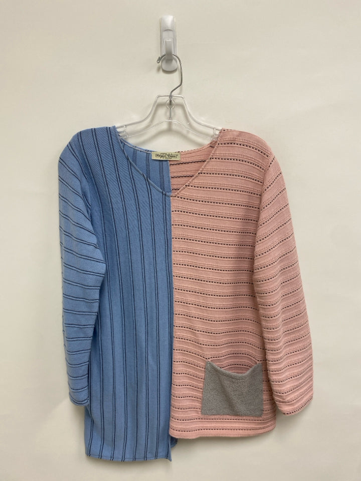 Margaret Winters Size XS Pink/Blue Black Lines V Neck Ladies Sweater