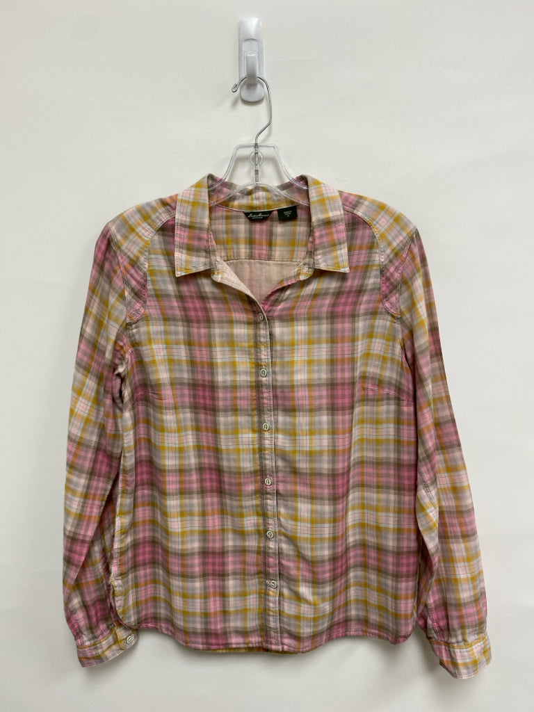 Eddie Bauer Size M Pink Orange/Cream Plaid Button Down Ladies Top