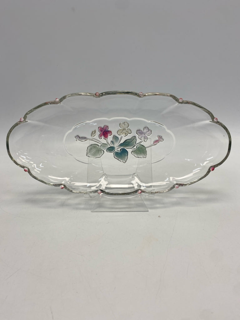 Clear Pink/Multi Flowers Glass Serving Piece
