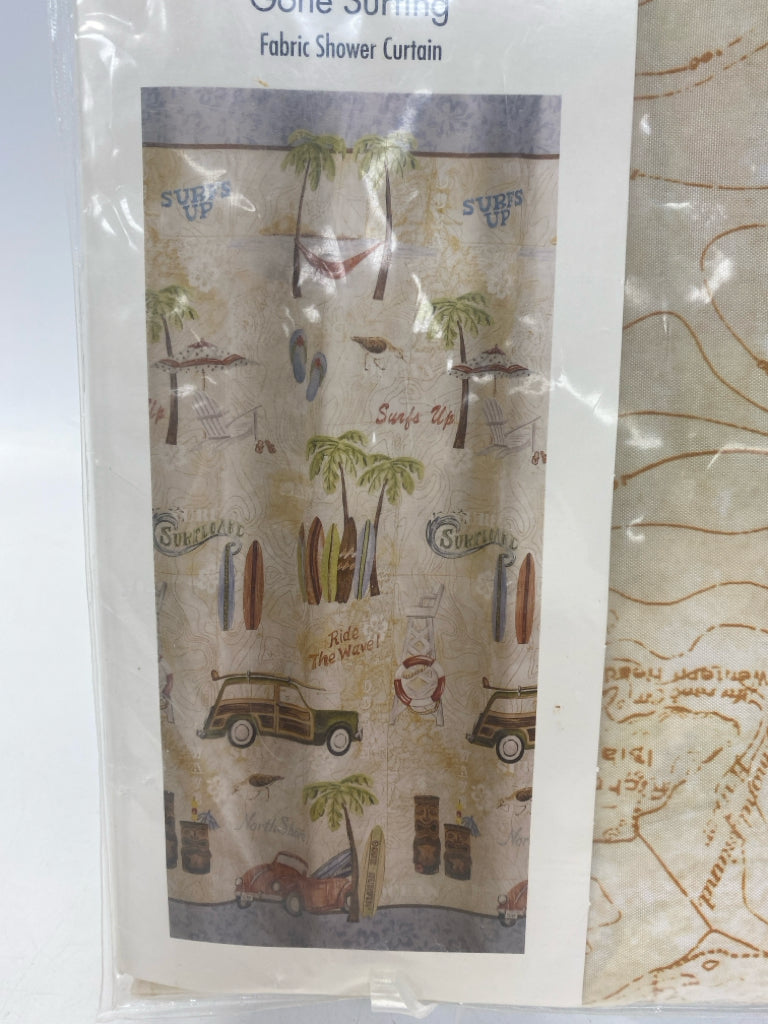 NEW/PKG Tan Green/Multi Surfing Fabric Shower Curtain