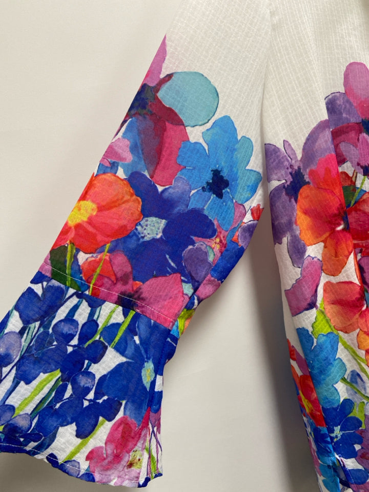 Ali Miles Size L White Multi Color Flowers Button Up Ladies Top