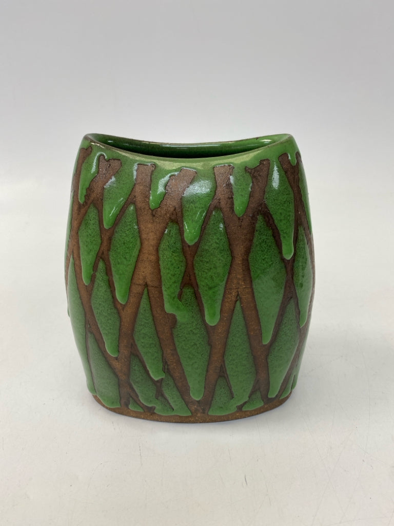 Green Brown Criss-Cross Ceramic Vase