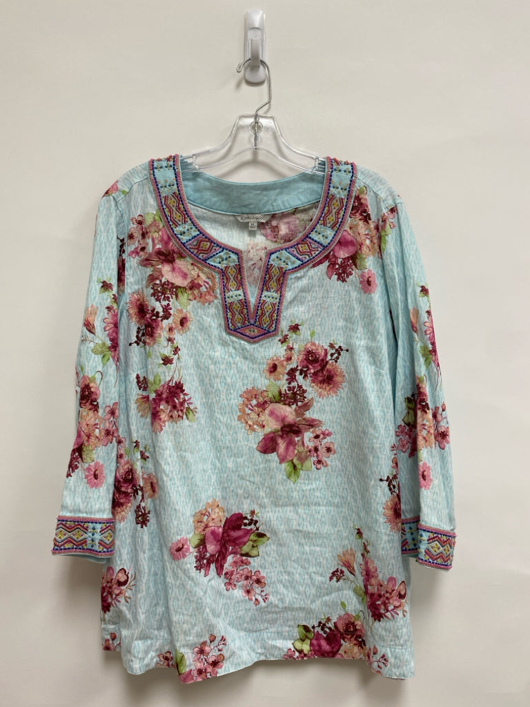 JOHN MARK Size XL Aqua/White Pink Floral Tunic Embroidered Ladies Top