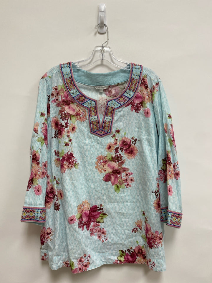 JOHN MARK Size XL Aqua/White Pink Floral Tunic Embroidered Ladies Top