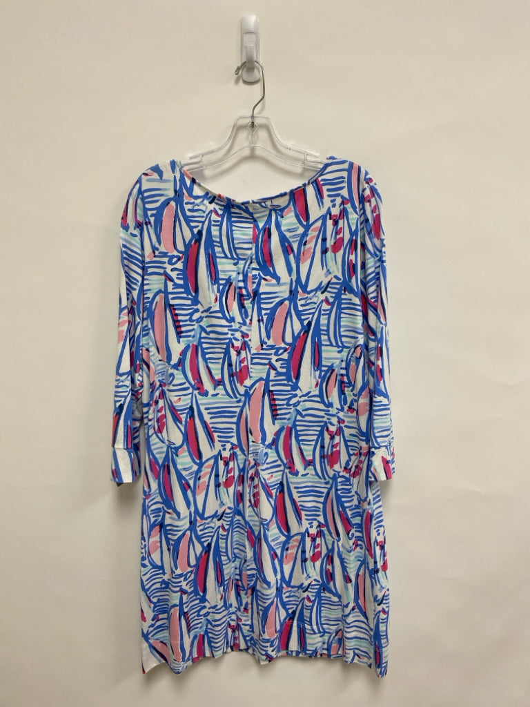 LILLY PULITZER Size XL White/Periwinkle Aqua/Pink Boats 3/4 Sleeve Ladies Dress