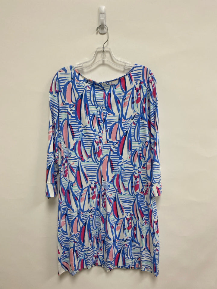 LILLY PULITZER Size XL White/Periwinkle Aqua/Pink Boats 3/4 Sleeve Ladies Dress