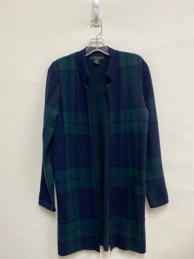 Tahari Size S Navy/Green Plaid Duster Ladies Sweater