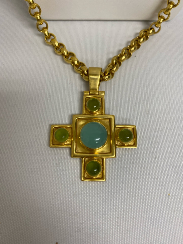 Julie Vos Gold Color Blue/Green Cross Necklace