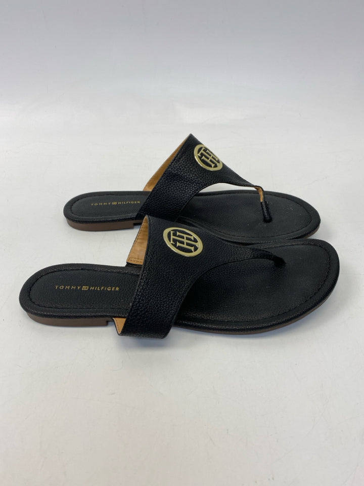 Tommy Hilfiger  Size 10 Black Gold Logo Sandals