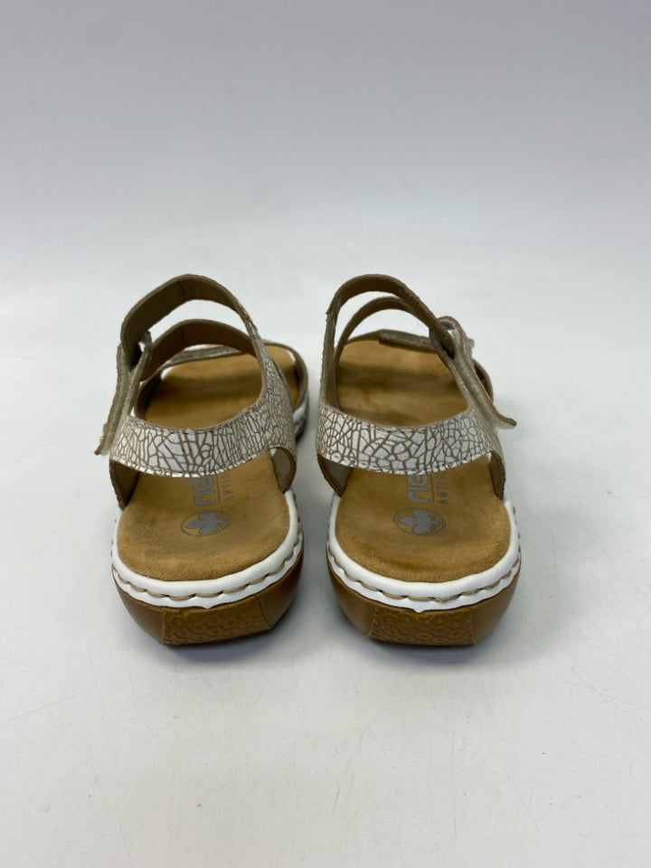 Rieker  Size 38 White Brown Embossed Sandals