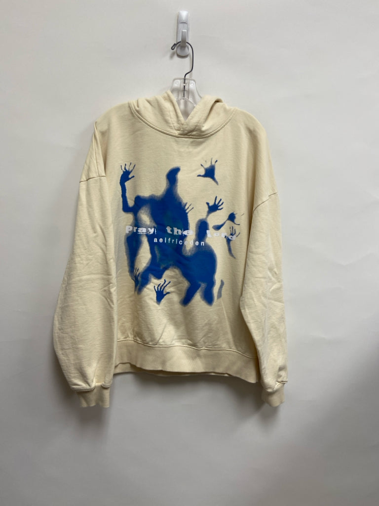 Size L Beige Blue Words Hooded Ladies Sweatshirt